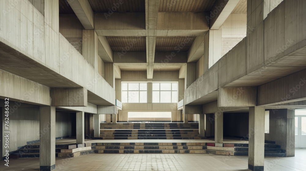 Spacious empty concrete room with natural light streaming in