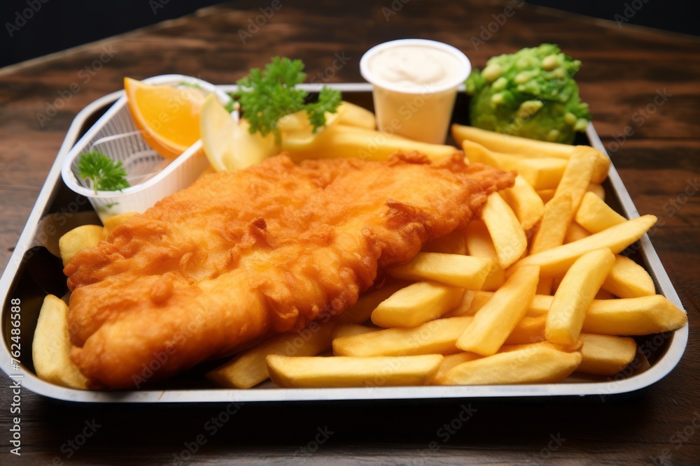 Hearty fish and chips on a plastic tray against a rice paper background Hearty fish and chips on a plastic tray against a rice paper background