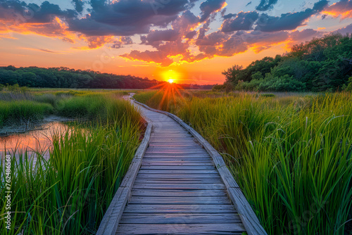 Breathtaking Sunset Over Marsh with Wooden Walkway