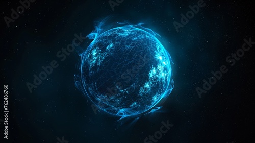 Blue glowing wireframe globe casting a serene light in the darkness of space