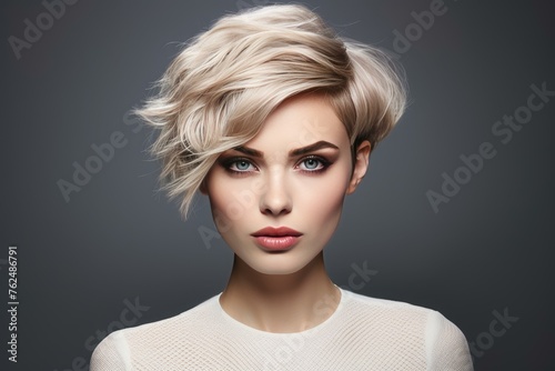 Modern Short haircut stylish lady. Pretty fashion adult elegant blonde lady. Generate Ai