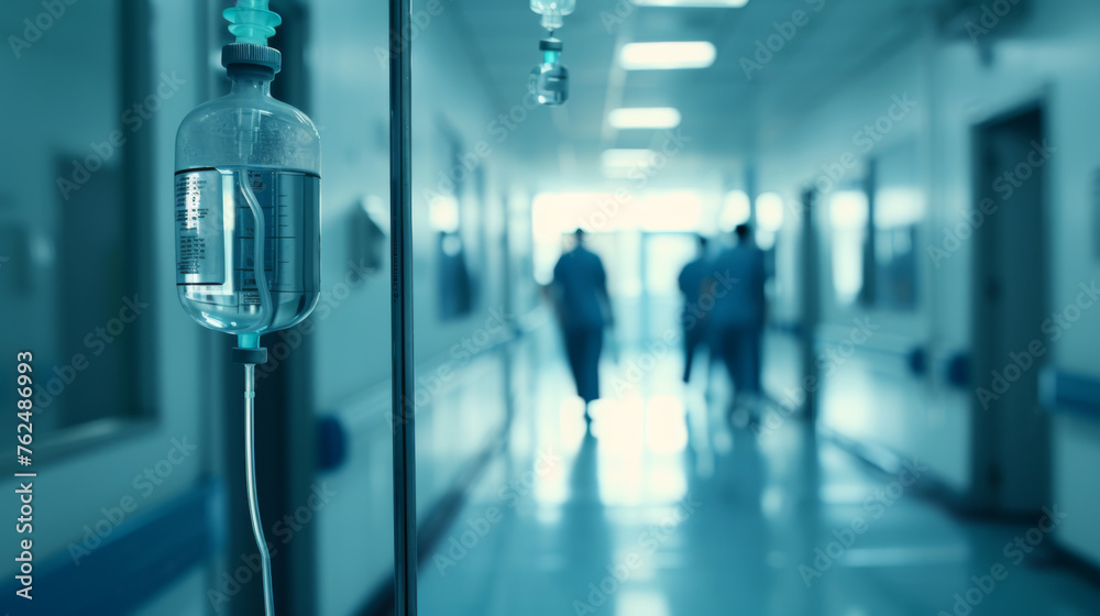 An IV bag is attached to a pole in a hospital corridor with medical staff in the background. An IV bag is attached to a pole in a hospital corridor with medical staff in the background.