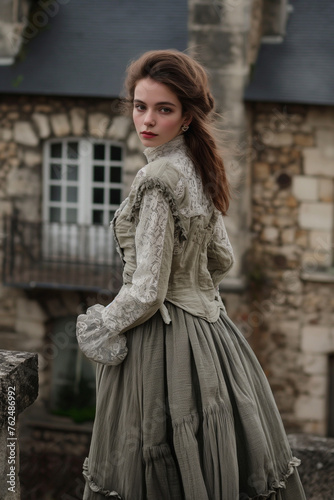 Victorian style clothes young woman queen on castle background