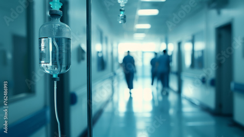 An IV bag is attached to a pole in a hospital corridor with medical staff in the background.