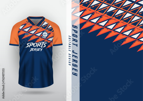 Jersey design for outdoor sports, jersey, football, futsal, running, car racing, exercise, diagonal zigzag pattern, orange navy blue.