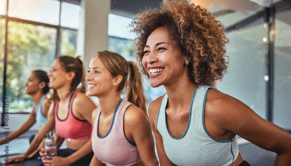 Fitness, laughing and friends at the gym for training, pilates class and happy for exercise at a club. Smile, sport in a group for a workout, cardio or yoga on a studio wall