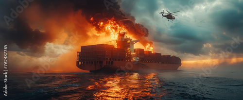 A dramatic scene of a large container ship engulfed in flames and smoke in the open sea. The fire creates a sense of urgency and danger as the vessel battles against the engulfing inferno.