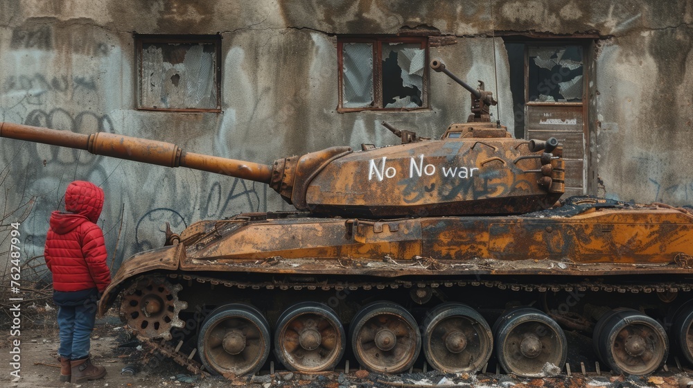Fototapeta premium A young child stands solemnly next to a disabled tank with 'no war' graffiti, amidst the heartbreaking scene of military action and civilian destruction.