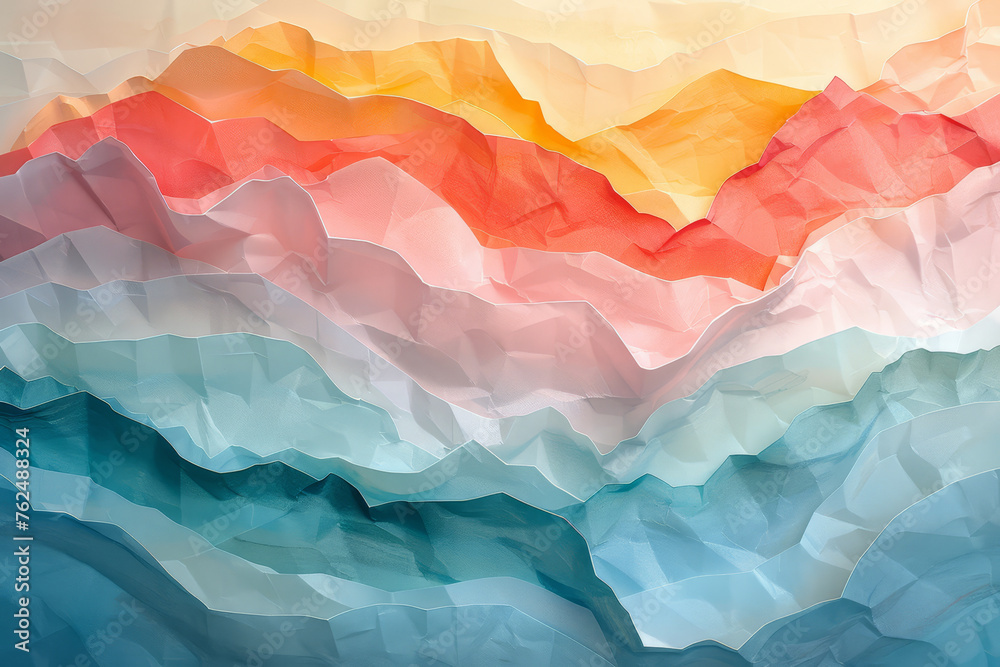 Obraz premium Abstract undulating paper waves in a gradient of pastel colors creating a dynamic and artistic background..