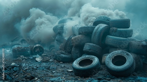 Flames and hazardous fumes billow from a vast tire dump, spreading contamination worldwide. The escalating environmental disaster signals the urgent need for coordinated efforts on a global scale. photo