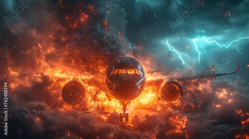 A burning airplane lights up the night sky, its wings engulfed in flames. A catastrophic plane crash during takeoff.