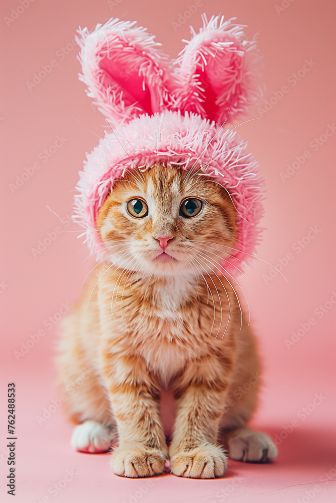 Cute ginger kitten wearing pink bunny ears on pink background. Easter concept. Cute ginger kitten wearing pink bunny ears on pink background. Easter concept.