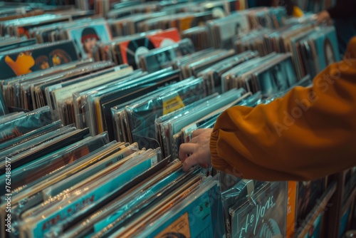 Music Enthusiast Flipping Through Vinyl in Record Shop