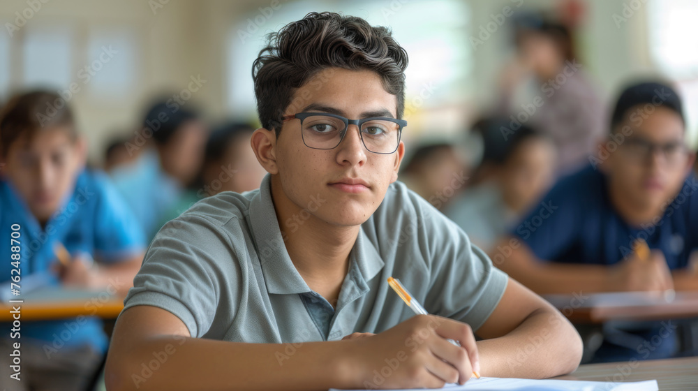 A young male student with glasses engrossed in writing during a classroom exam. A young male student with glasses engrossed in writing during a classroom exam.