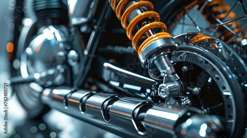 Intricate motorcycle chain and sprocket mechanism in a dynamic close-up view photo