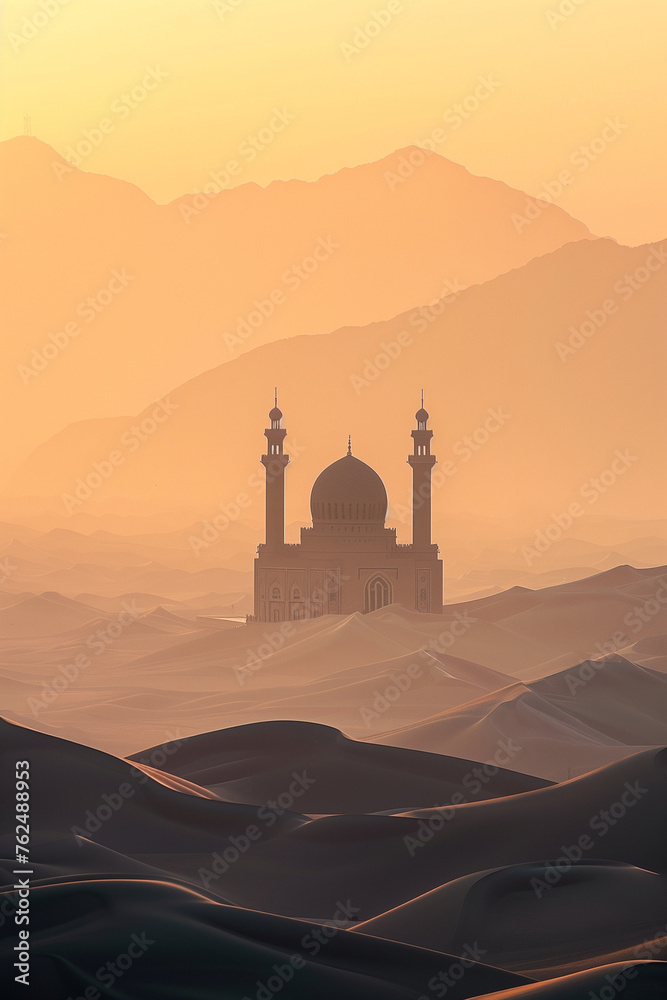 Mosque in the mountains at sunset