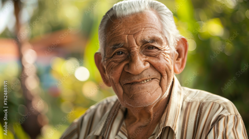 A joyful elderly man smiles warmly in natural sunlight.