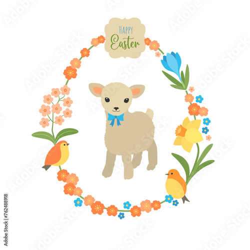Easter egg frame. Floral border with cute lamb vector illustration. Spring birds and flowers blossom. Fun print cartoon design for Happy Easter greeting card, poster, invitation.
