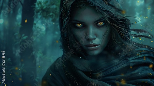 Dark sorceress eyes glowing fiercely harnesses the eerie forests power for her unfathomable spells