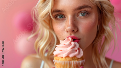 A woman with striking blue eyes and blonde hair savours a pink frosted cupcake against a pink backdrop.