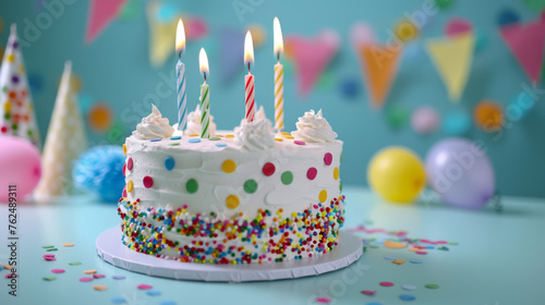 A white frosted cake adorned with lit candles and colorful sprinkles.