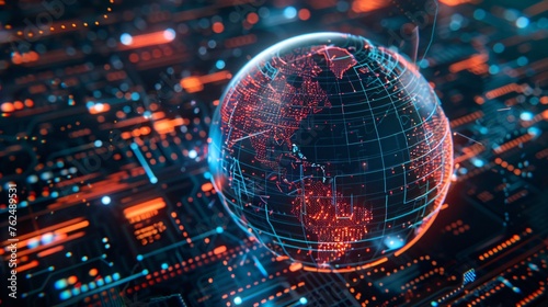 Digital grid envelops a futuristic wireframe globe forecasting the next digital frontier