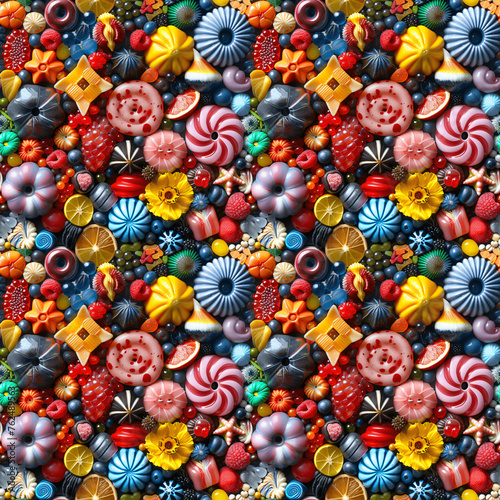 Seamless pattern of colorful candies and sweets on a light background, ideal for fabric, wallpaper, or wrapping paper design.