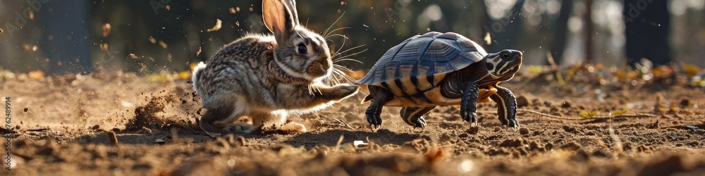 Rabbit vs turtle in a footrace with the turtle surprisingly taking the lead - obrazy, fototapety, plakaty 