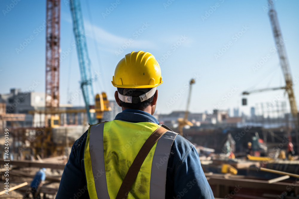 builder standing back, Construction Site, Construction enginee, house building construction, working as a architect, Back view, architect supervising construction builder standing back, Construction Site, Construction enginee, house building construction, working as a architect, Back view, architect supervising construction