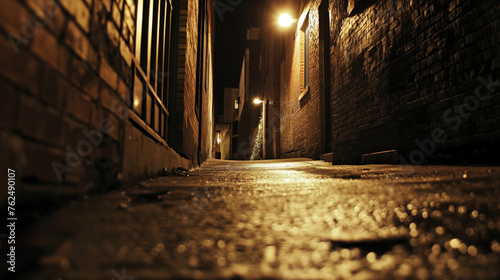 Low angle view of a dimly lit alleyway at night, evoking suspense and mystery
