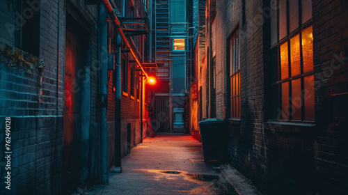 Cinematic view of a deserted alleyway bathed in neon lights with a hint of mystery photo