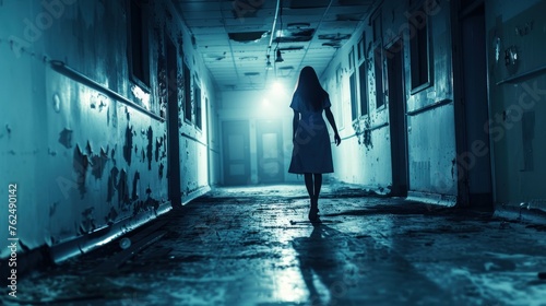 Spooky nurse woman ghost is walking in horror hospital building AI generated image © harkamat