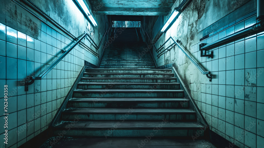 Fototapeta premium A moody, desolate staircase in an empty subway station, illuminated by overhead lights
