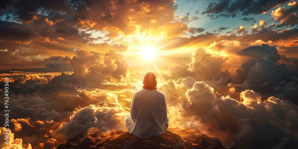 Rear view of Jesus on throne praying under heavenly sunrise. Concept Biblical Art, Spiritual Sunrise, Religious Iconography, Praying Figure, Throne Imagery