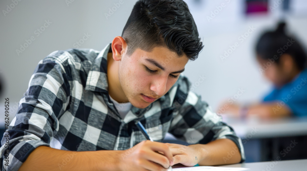 A young male student with glasses engrossed in writing during a classroom exam. A young male student with glasses engrossed in writing during a classroom exam.
