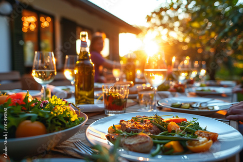 Family dinner outdoors on a summer evening