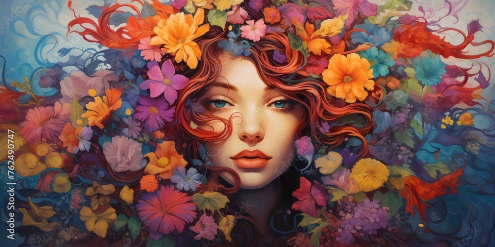 Illustration of the face of a young woman with colorful flowers woven into her hair. Flowering flowers, a symbol of spring, new life.