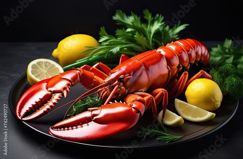 Raw crustacean with greens and lemon slices lying on a black dish that stands on a dark surface, blurred background, banner