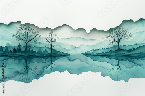 A watercolor paper art depicting a solitary leafless tree in a layered, misty landscape, blending hues of blue and white..