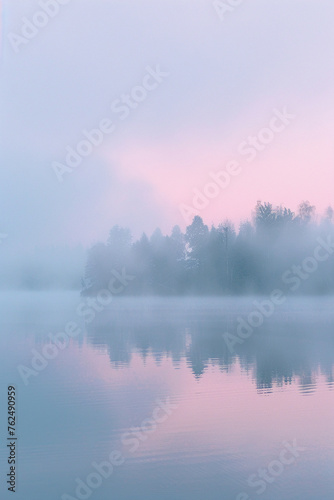 Smoke fading into the air over a serene water landscape at dusk © Xistudio
