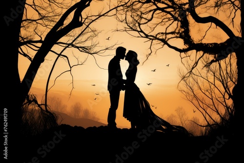 Tranquil Silhouette of romantic couple admiring sunset together. Lovers on ocean fiery sundown scene. Generate ai