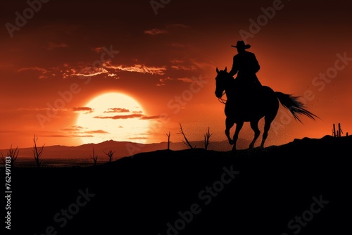 Solitary Silhouette cowboy horse. Lonely and brave rider against endless wasteland. Generate AI