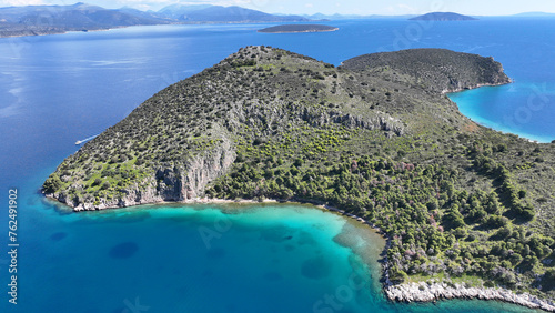 Aerial drone photo of small exotic island of Romvi next to famous long beach of Tolo, Argolida, Peloponnese, Greece photo