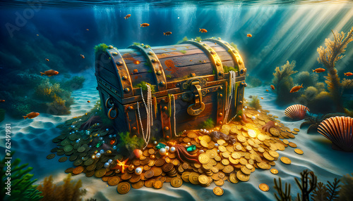 a trunk shipwreck pirate treasure chest golden jewelry wealth jewels fortune diamond sunken gold sea coins rich money finance antique precious wooden ancient sunbeams bottom water ocean underwater