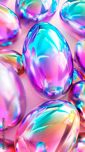 abstract holographic modern easter background with shiny iridescent eggs closeup copy space Neon