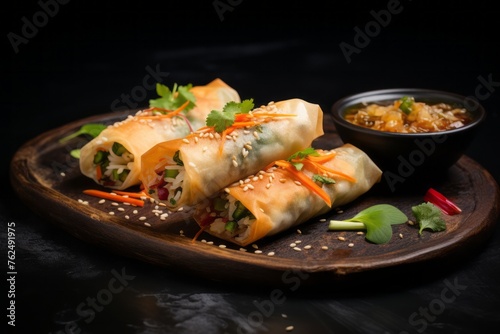 Refined spring rolls on a slate plate against a rice paper background