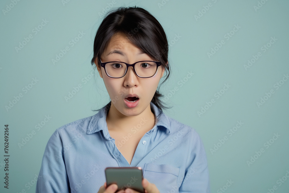 Surprised young Asian woman looking at mobile phone Surprised young Asian woman looking at mobile phone