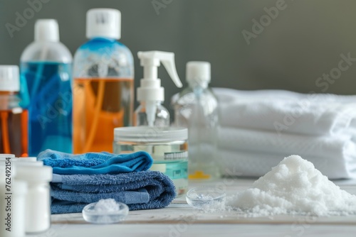 Detail of various types of chemical products for washing clothes on wooden table and white clothes around. Front view. Horizontal composition.
