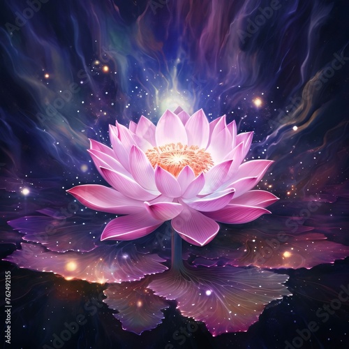 Abstract illustration of purple and pink water lily on a dark background with ornaments, lights. Flowering flowers, a symbol of spring, new life.