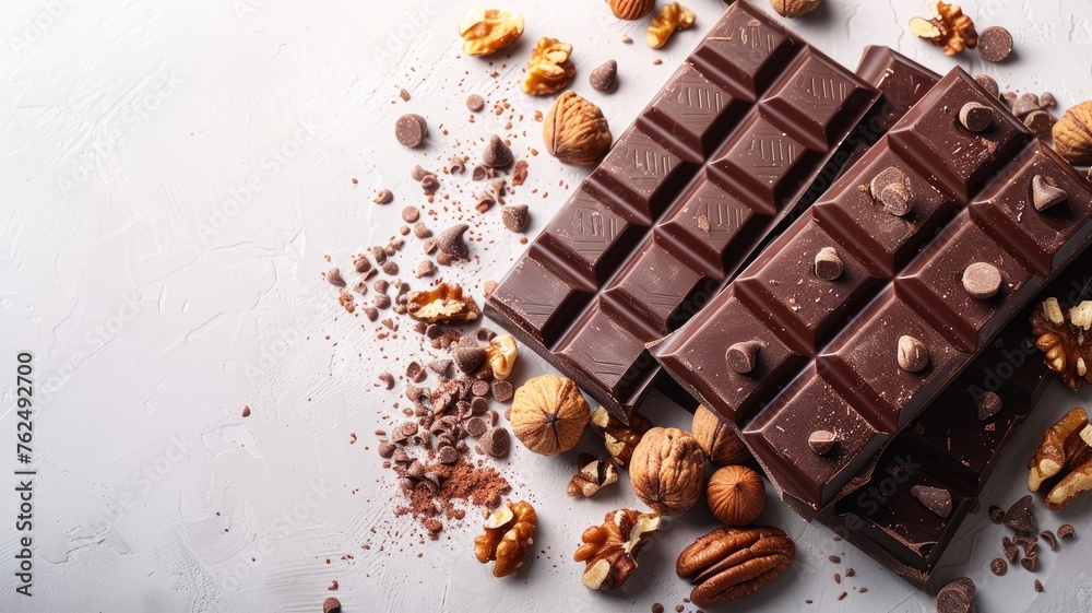 dark chocolate, caramel, and walnuts against a white background with small elements, perfect for a distant view and ample empty space for text. dark chocolate, caramel, and walnuts against a white background with small elements, perfect for a distant view and ample empty space for text.